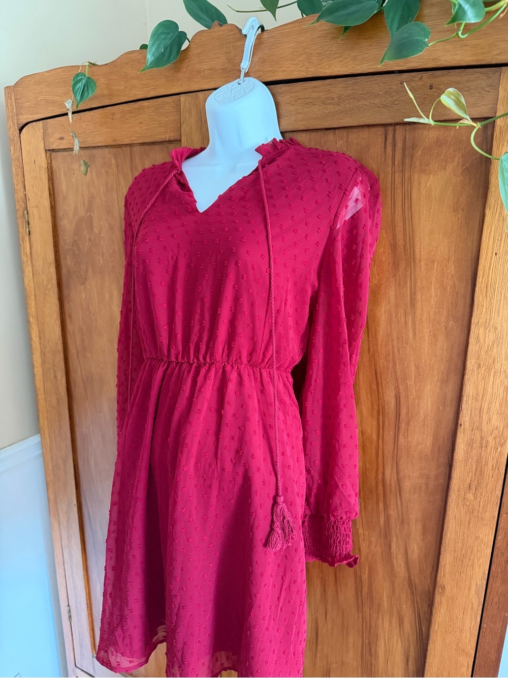 SHEIN Red Swiss Dot Midi Dress with Tassel Tie